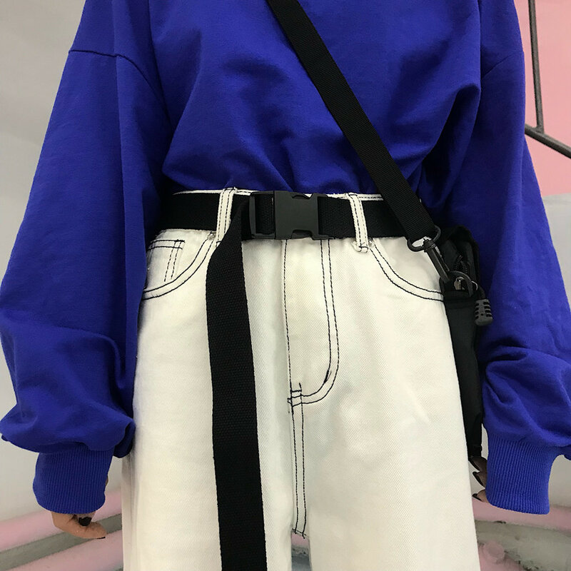 Fashion Black Canvas Belt for Women Casual Female Waist Belts with Plastic Buckle Harajuku Solid Color Long Belts ceinture femme