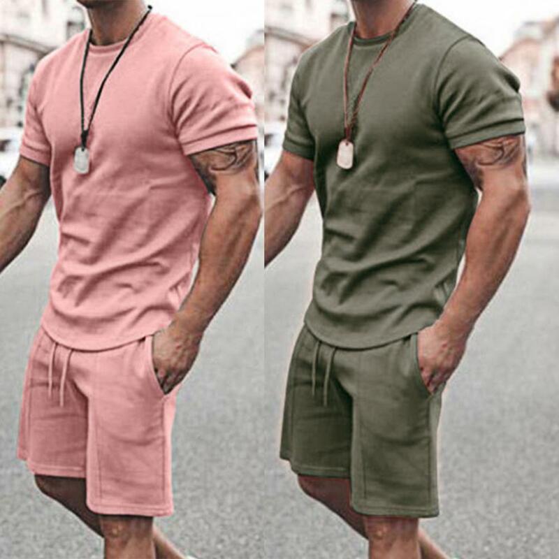 Stylish Casual Tracksuit Male Solid Color Breathable O Neck Drawstring Men Loose Short Sleeve T-shirt Pocket Shorts for Fitness