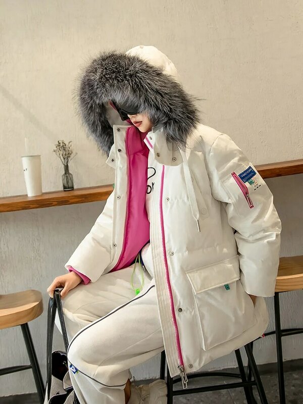 Женская утепленная куртка средней длины, белая куртка из гусиного пуха, новинка 2023, женская зимняя куртка с воротником из лисьего меха, утепленная верхняя одежда