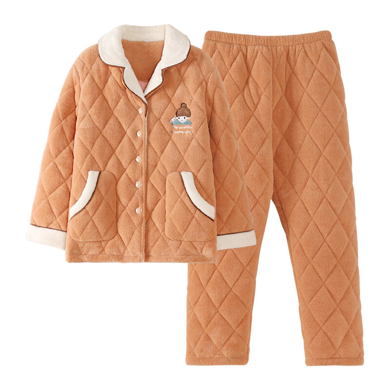 Espessamento algodão veludo pijamas três camadas acolchoado flanela feminino inverno quente homewear doce e adorável solto terno