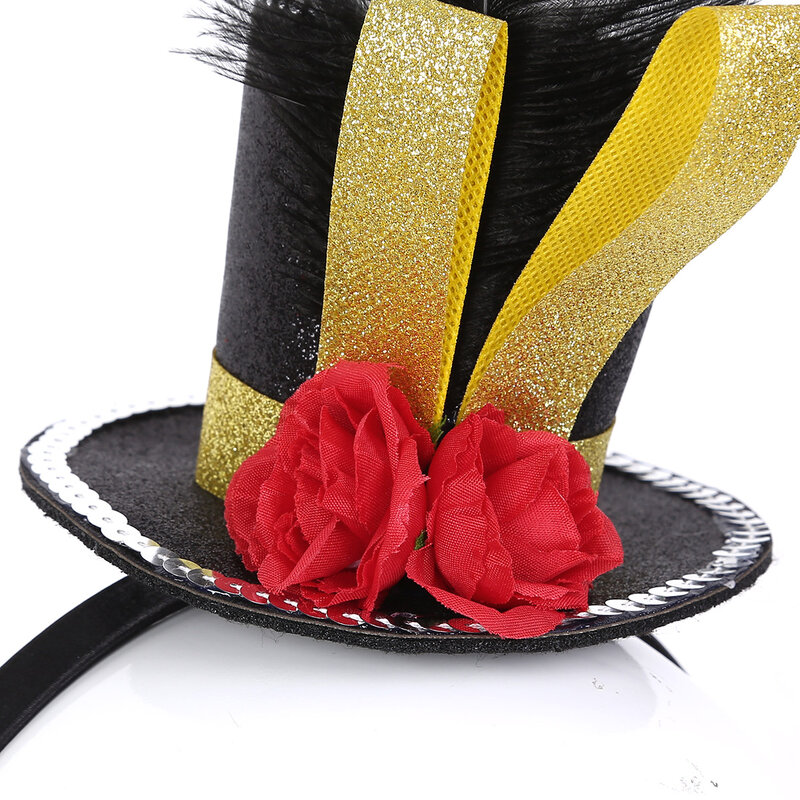 Fantasia de circo para garotas, chapéu mini-top steampunk com penas de rosa para o dia das bruxas, carnaval e festa