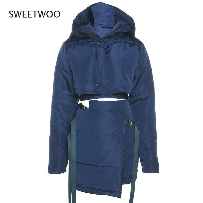2021 Autumn and Winter New Women's Single-Breasted Hooded Cotton-Padded Jacket High Waist Bag Hip Skirt Casual Suit Women
