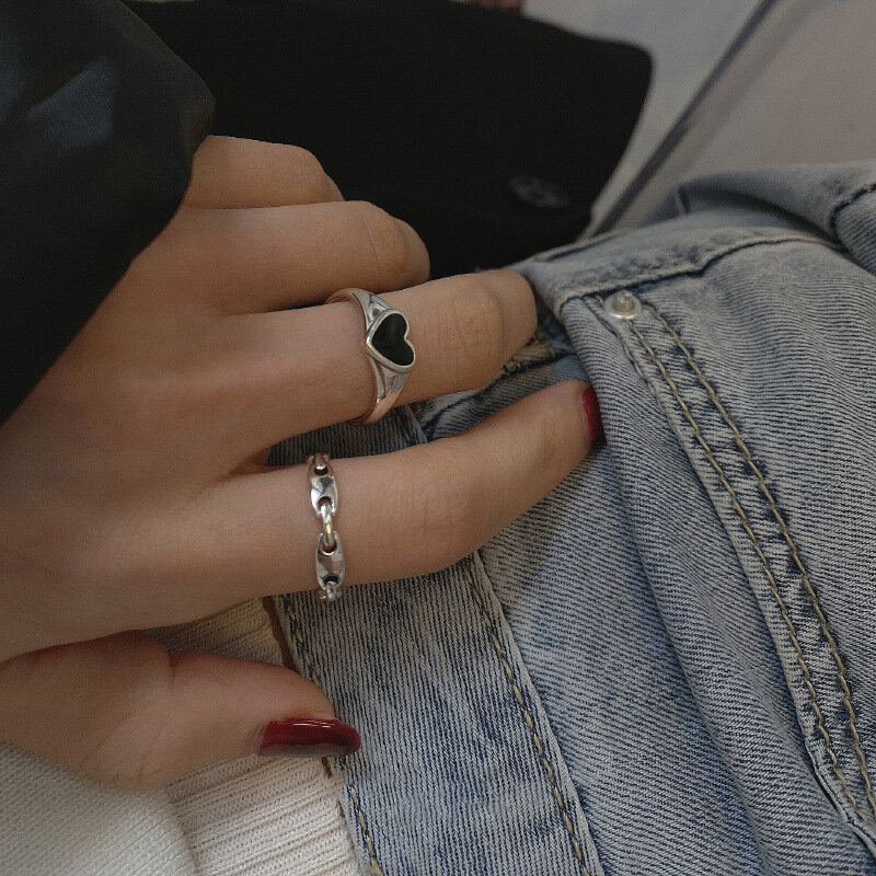 925 스털링 실버 부드러운 블랙 하트 반지 여성 보석 아름다운 손가락 오픈 반지 파티 생일 선물