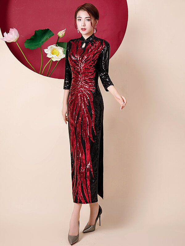 Fashion Sequins Embroidered Evening Dress Side-Slit Formal Occasion Women Black Red Long-Sleeve Tea-Length China Cheongsam 2020