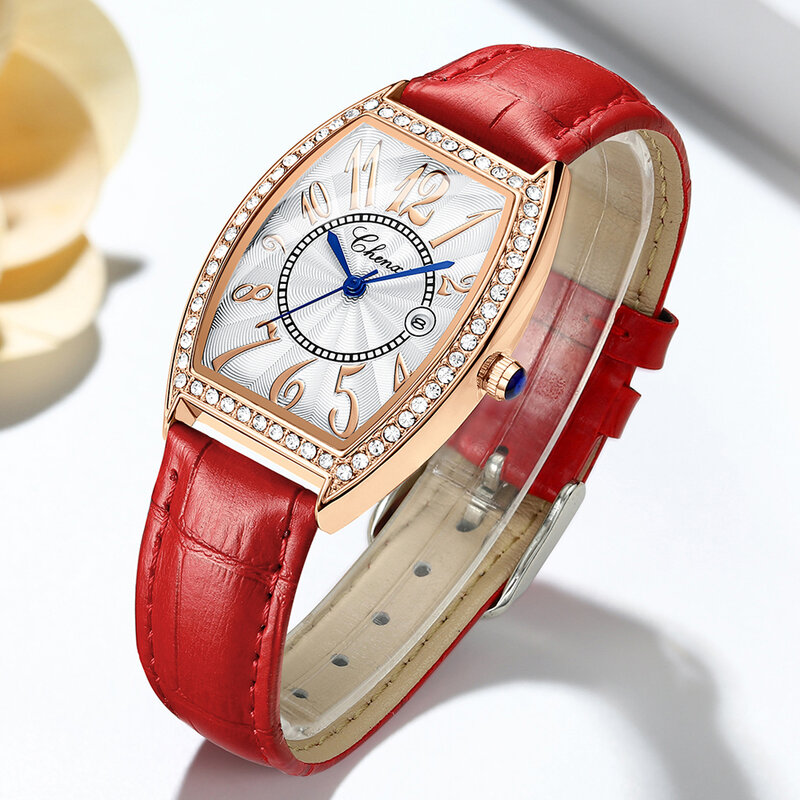 2021 Chenxi luksusowa moda różowe złoto Tonneau zegarki damskie zegarki diamentowe skórzany pasek kwarcowe zegarki damskie Reloj Mujer