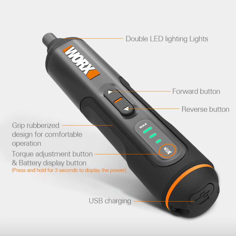 Worx – Mini jeu de tournevis électrique intelligent sans fil,4 V, recharge par port USB, poignée, avec 26 forets, WX240