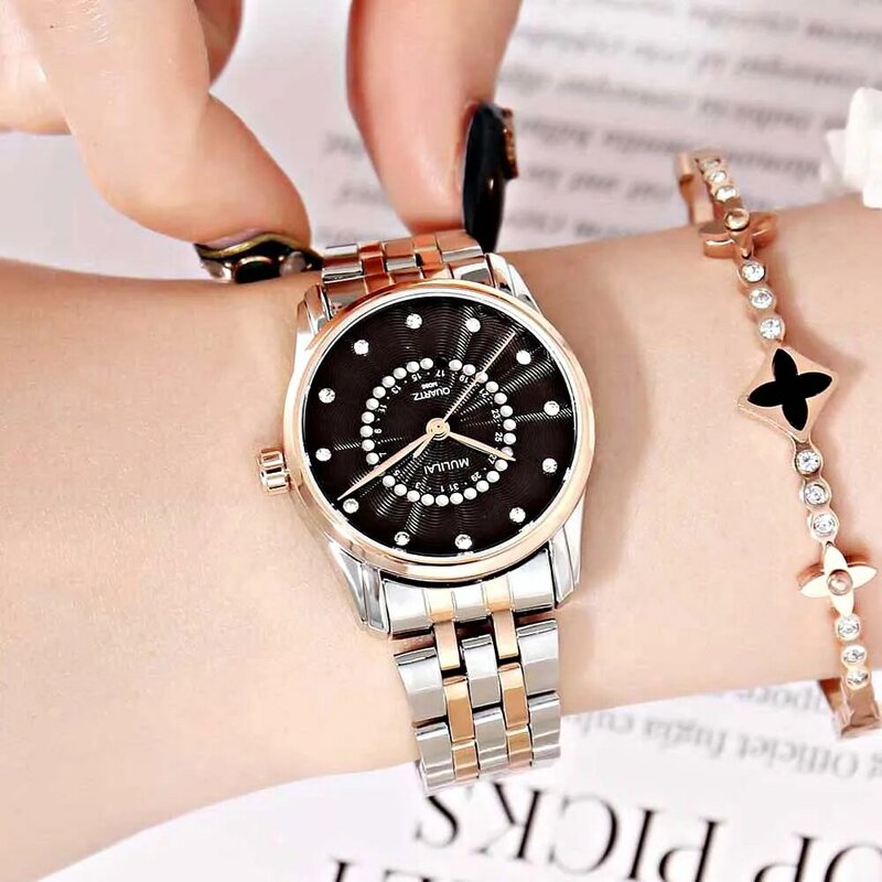 Relógio feminino marca de luxo senhoras moda simples padrão escudo aço inoxidável relógios quartzo feminino à prova dwristwatch água data relógio de pulso