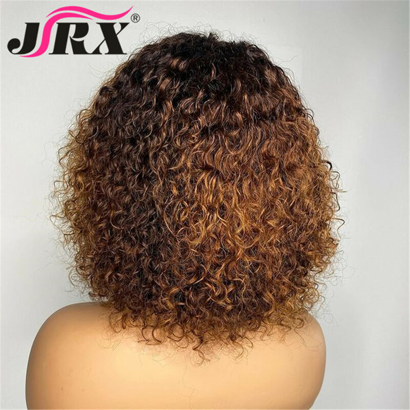 Jerry-pelucas de cabello humano rizado con flequillo para mujer, pelo Remy peruano, hecho a máquina, resaltado, color rubio miel