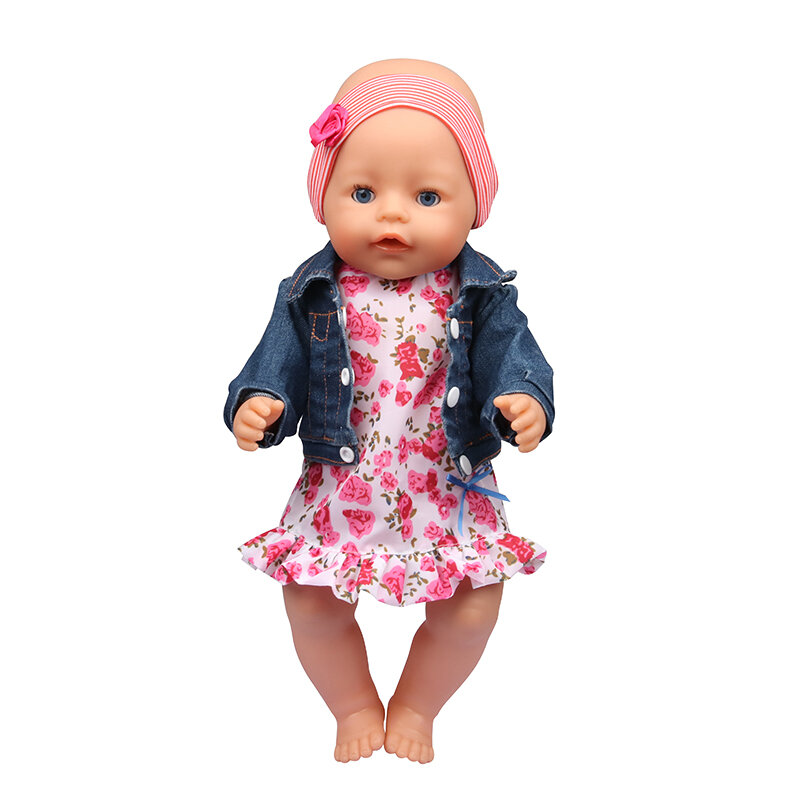Roupas de boneca americana de 18 polegadas, roupa de denim de alta qualidade, conjunto de vestido + calças, adequado para boneca de bebê de 43cm, boneca de 17 polegadas, presente para criança