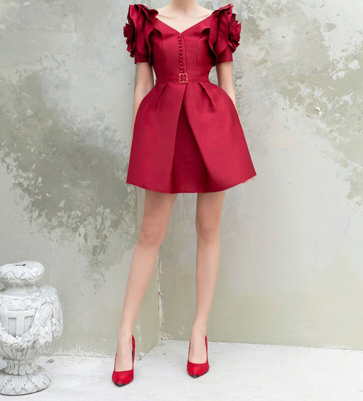 Vestido feminino chiffon vermelho, vestido curto manga curta gola v em nylon ou algodão