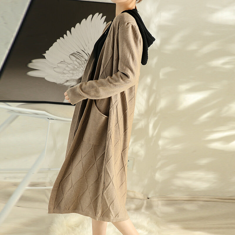 Abrigo tipo Cárdigan para mujer, suéter de longitud media, mangas largas en forma de diamante sobre la rodilla, estilo perezoso que combina con todo, abrigo suelto de moda coreana