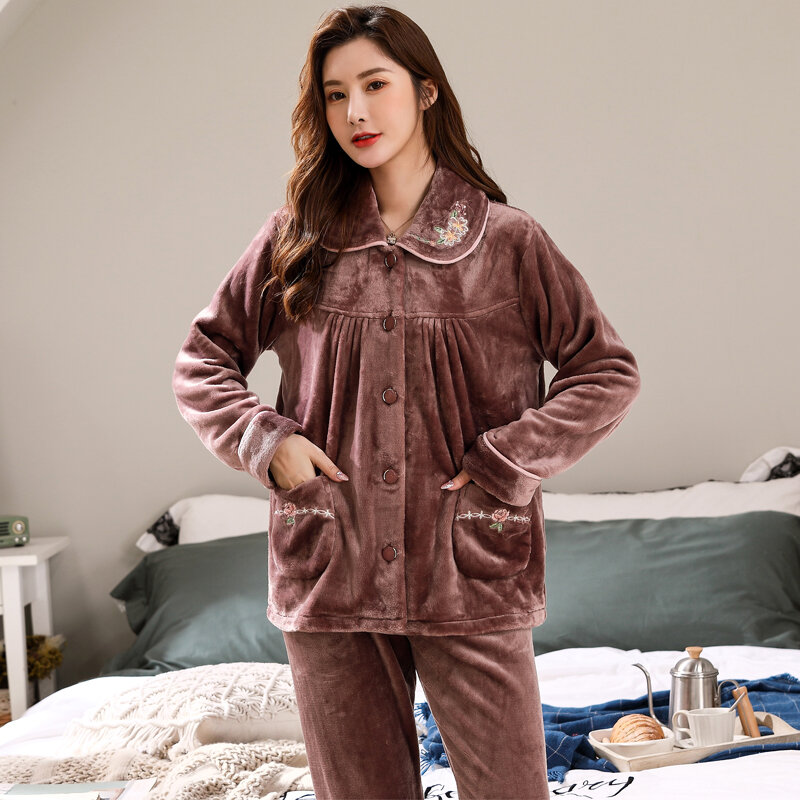 Veludo grosso coral velo pijamas feminino flanela quente bordado de manga comprida outono e inverno serviço de casa terno pijamas mujer