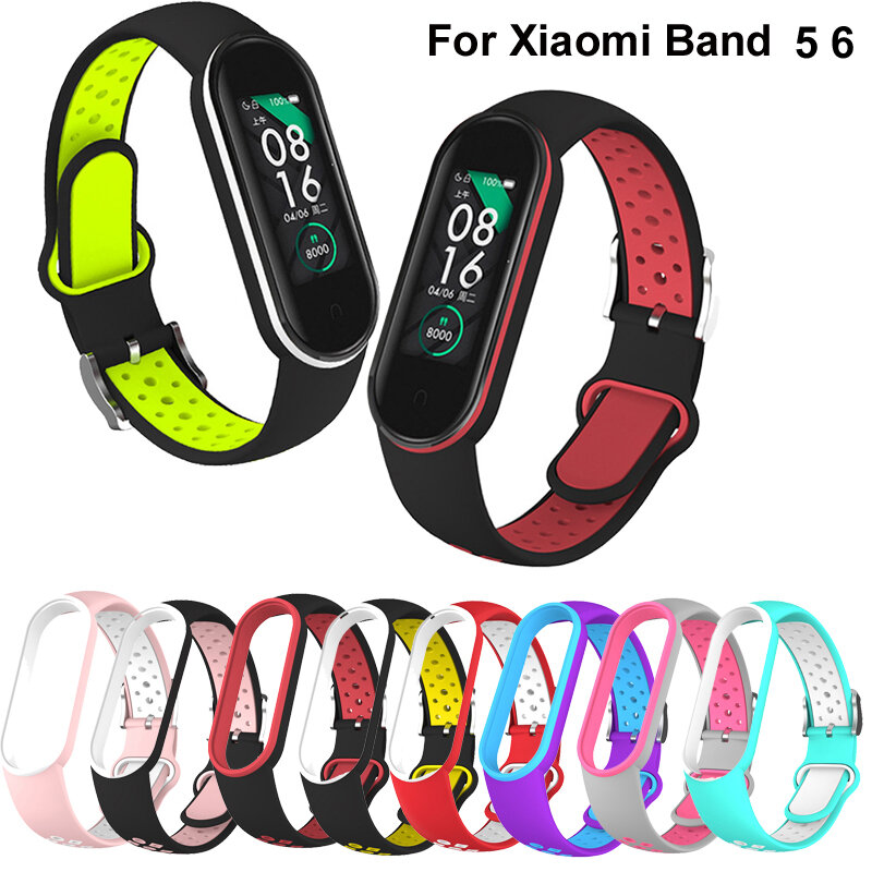 Riem Voor Xiaomi Mi Band 5 6 Tweekleurige Siliconen Armband Sport Ademende Band Voor Miband 5 Miband7 Vervangende Polsband