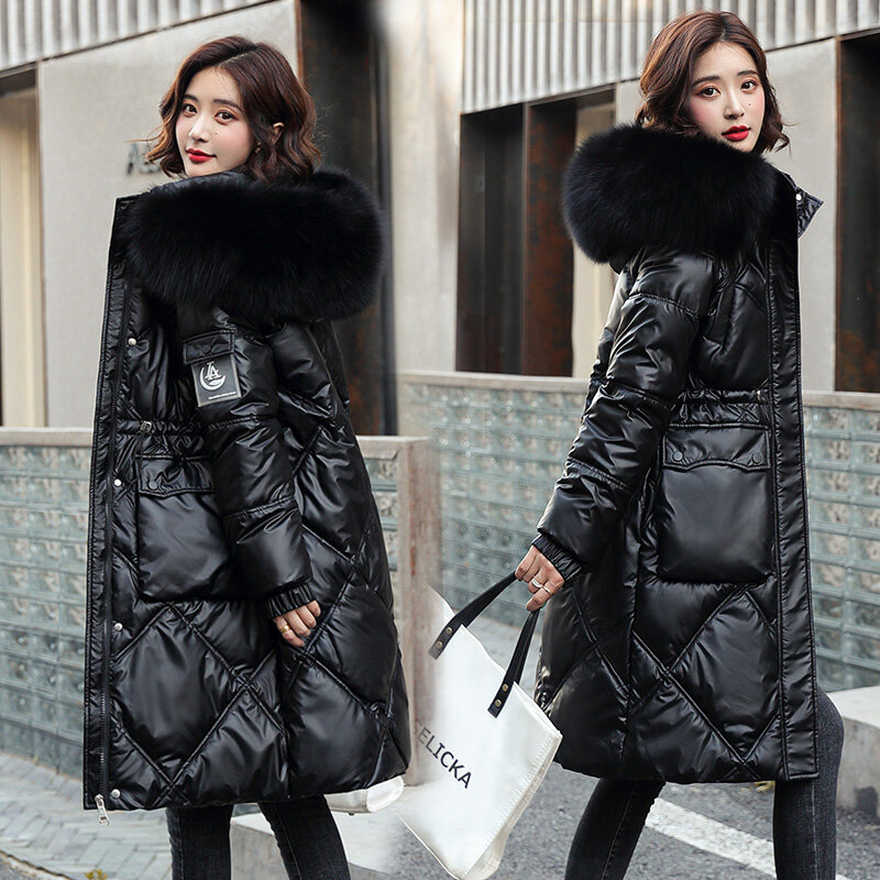 Jaqueta de algodão brilhante para mulheres, jaqueta Harajuku grossa solta, gola de pele com capuz, jaqueta oversize quente, moda coreana, inverno