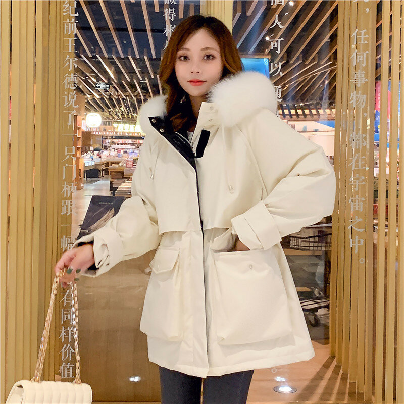 Abrigo con capucha de piel de zorro y mapache para mujer, parka gruesa y cálida de plumón de pato blanco, talla grande, invierno, 90%