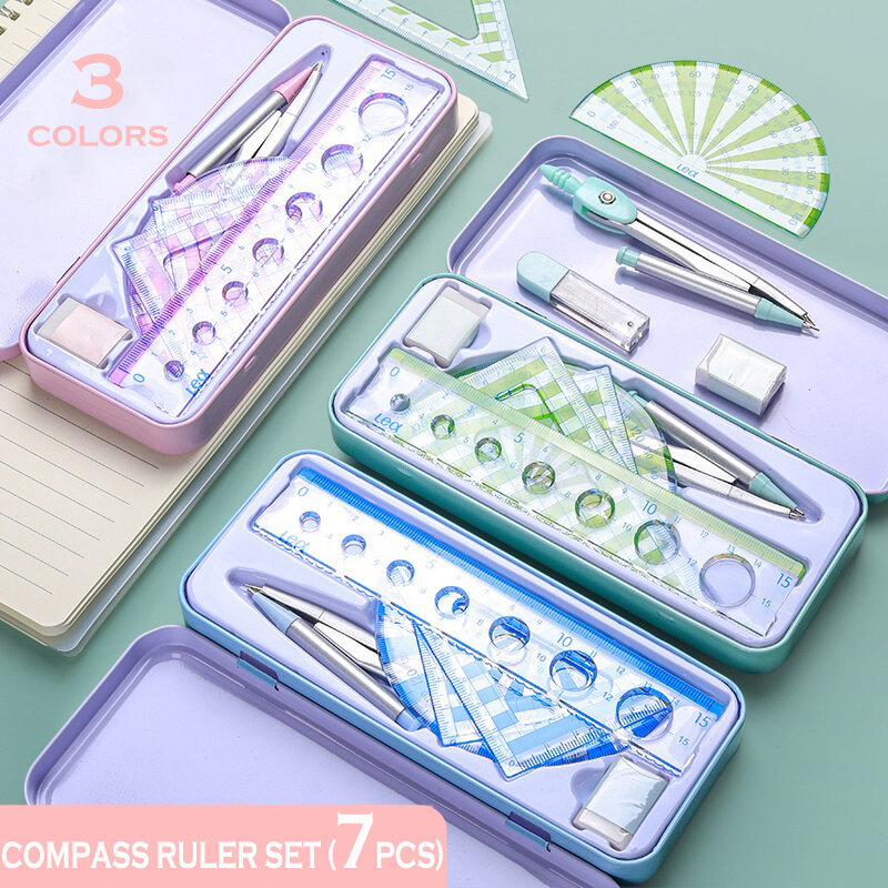 7Pcs/Set Ruler Compass with Metal box Geometry Maths Drawing Compass Stationery Rulers Mathematical compass for School