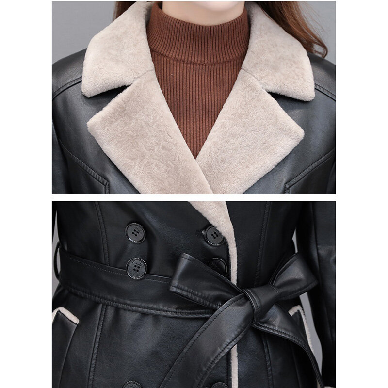 2021 nuova giacca invernale in pelle capispalla donna più velluto pelliccia spessa uno medio lungo Plus Size giacca a vento in pelle da donna