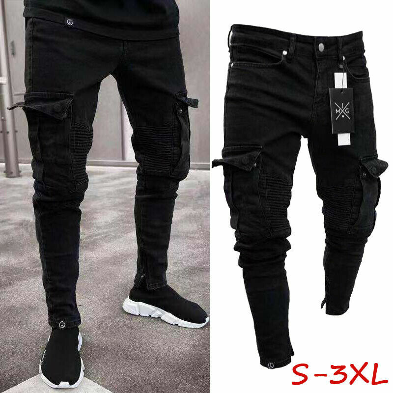 Calça preta slim fit de perna reta masculina, calça jeans urbana, jogger lápis casual, calça cargo, fashion, S-3XL