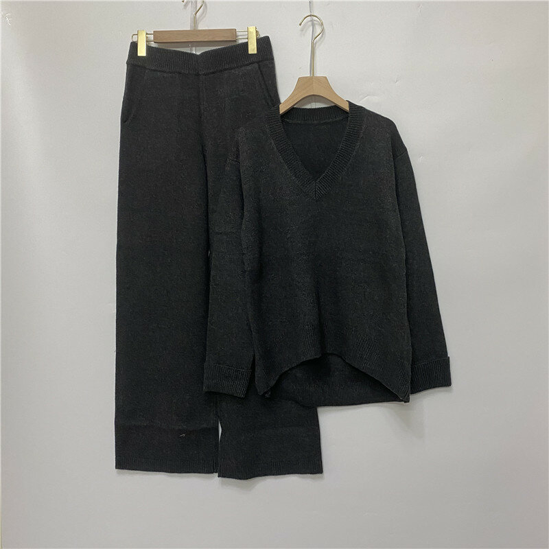 Conjunto feminino de luxo, duas peças, caxemira + 45% lã, casaco feminino quente de lã caxemira + perna larga, calças f2533