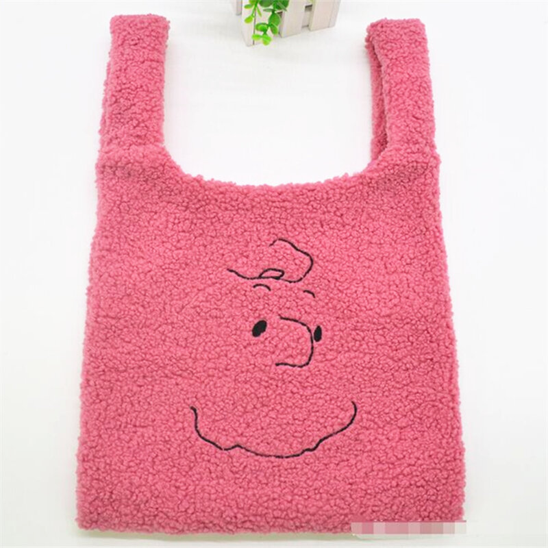 Plush handbag Winter Cartoon small bag Cute Face Embroidery  Hand Bag  Women Solid Color Ladies Bag Tote  28*30cm with coin bag