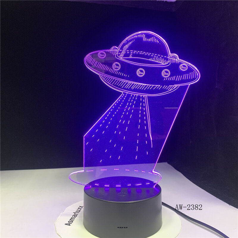 Nave espacial alienígena OVNI de dibujos animados, luces nocturnas 3D acrílicas, lámpara de mesa LED USB para dormir, decoración remota para el hogar, regalo de Navidad 2382