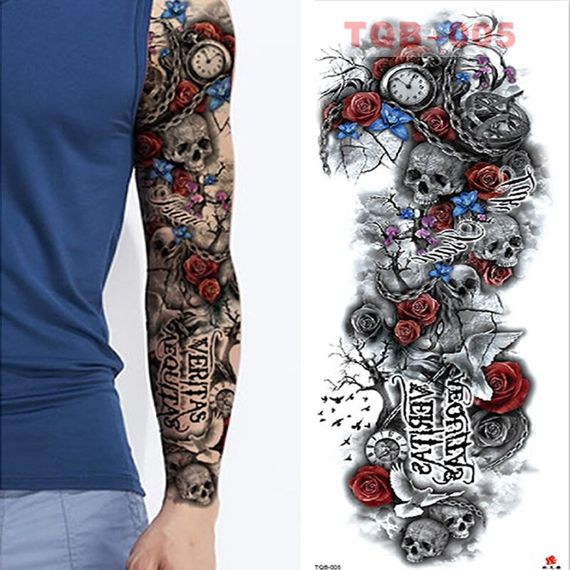 Mangas de brazo grande impermeable tatuaje temporal pegatina hombre mujer completo cráneo falso Color pegatinas tatuaje tótem arte corporal pierna brazo