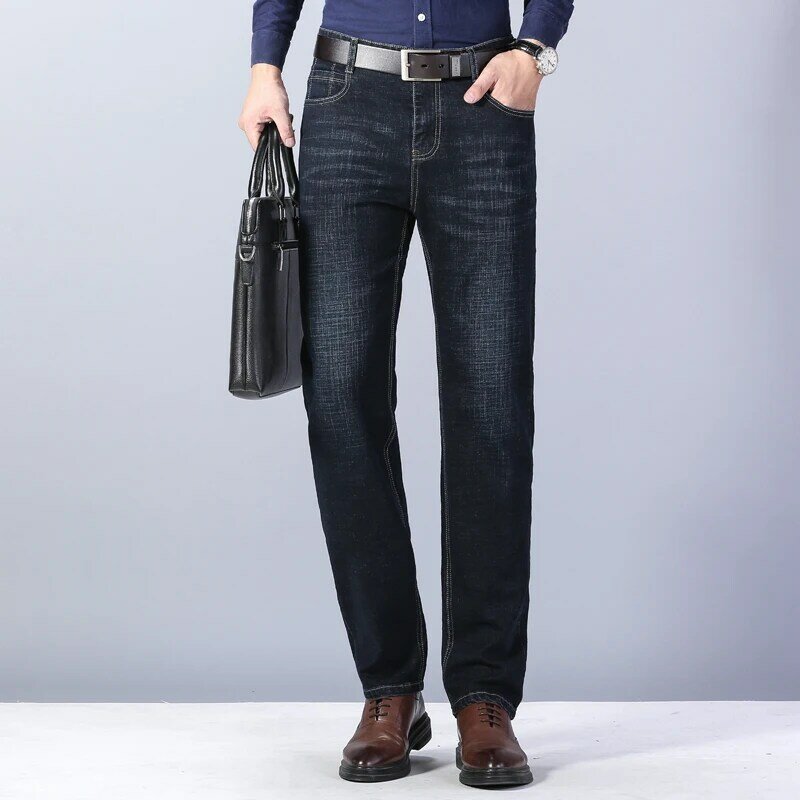 Markowe jeansy męskie wysokiej jakości 2023 Slim stright Business w stylu Casual, czarny niebieskie elastyczne bawełniane spodnie spodnie dżinsowe męskie