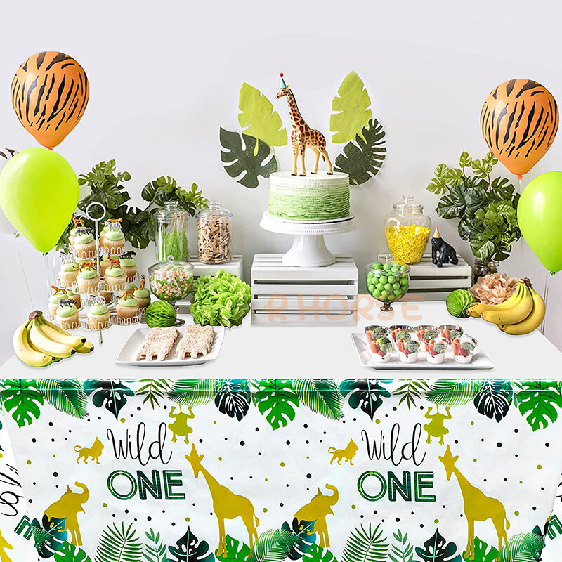 Mantel de cumpleaños salvaje de un año para niños, decoración de fiesta, impermeable, tema Tropical, cubierta de mesa, suministros de Picnic, 4 piezas