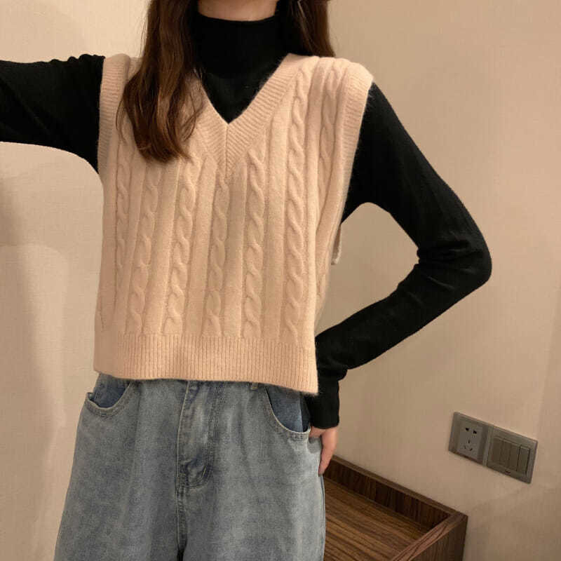 솔리드 컬러 V 넥 스웨터 조끼 여성 한국어 패션 2023 봄 가을 민소매 트위스트 니트 짧은 풀오버 여성 점퍼 탑