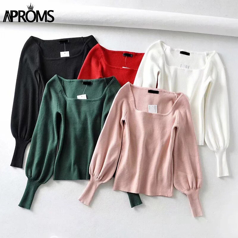 Aproms Vintage Square Neck Ribbed Knitted Pullover Women Winter Lantern Sleeve Soft Black Sweater Streetwear Fashion Jumper 2020