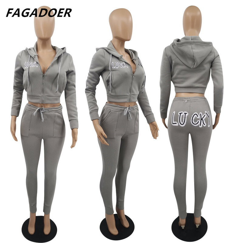 FAGADOER-럭키 레터링 프린트 투피스 세트 여성용, 지퍼 크롭탑 및 드로우 스트링 펜슬 팬츠, 2 피스/세트