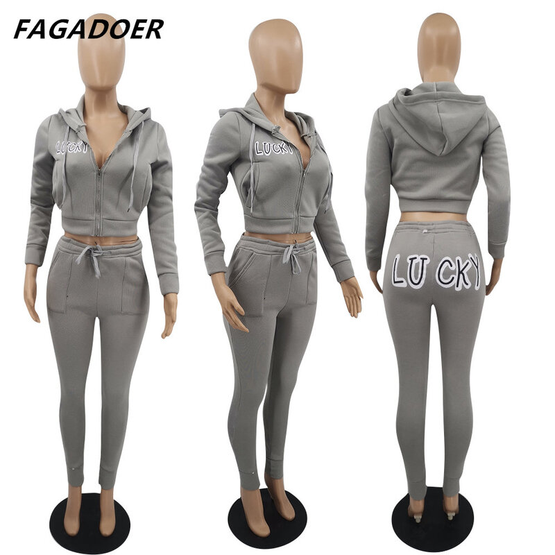 FAGADOER LUCKY Letter Print Two Piece Sets Autumn Women Tracksuit Zipper Crop Top And Draw String Pencil Pants 2pcs Suits