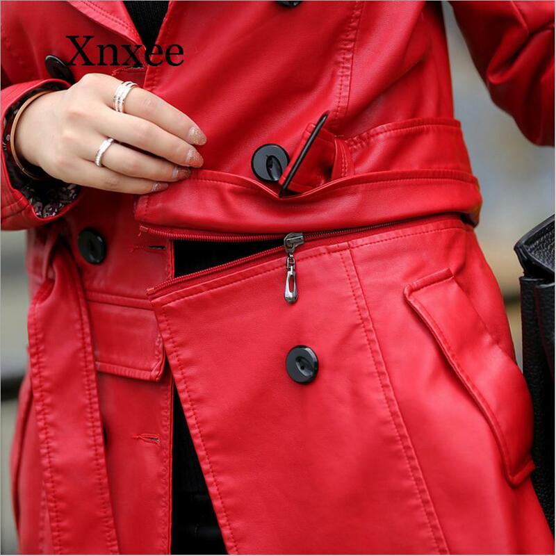 Chaqueta de cuero para mujer, abrigo largo ajustado con cinturón de lazo para motocicleta, gabardina de cuero PU desmontable, elegante, Vintage, cinturón rojo y negro