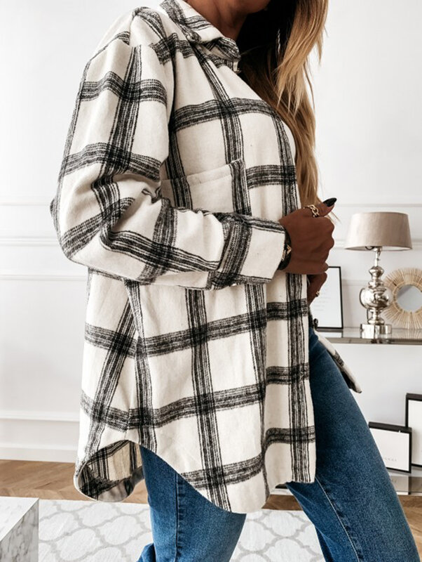 2020 New Arrival Women Fashion Long Sleeve Plaid Top Casual Lapel Cardigan Coat for Shopping Daily Wear