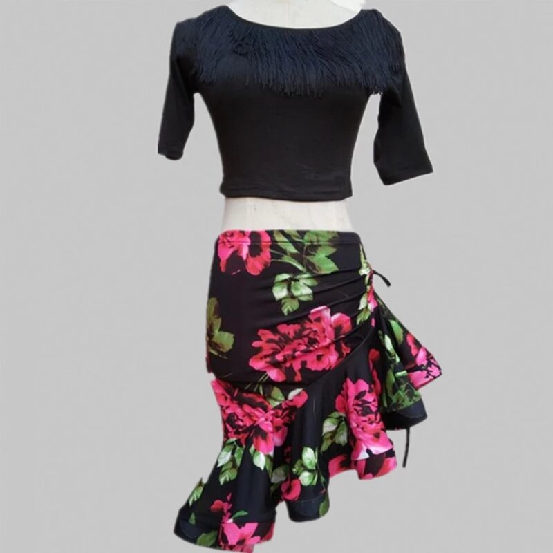 女性のためのクラシックなヒョウ柄のダンスドレス,非対称のフリルスカート,サルサ,チャラ,タンゴ