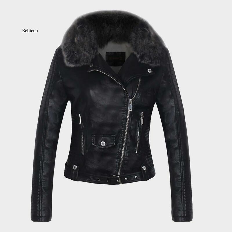 女性の合成皮革の冬のジャケット,暖かい大きな革の毛皮の襟,黒い色,新しい