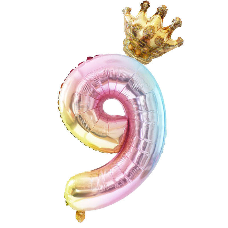 Balões de números do arco-íris, 2 peças, 32 polegadas, balões com mini coroa de ouro, folha de unicórnio, decoração de festa de aniversário, crianças