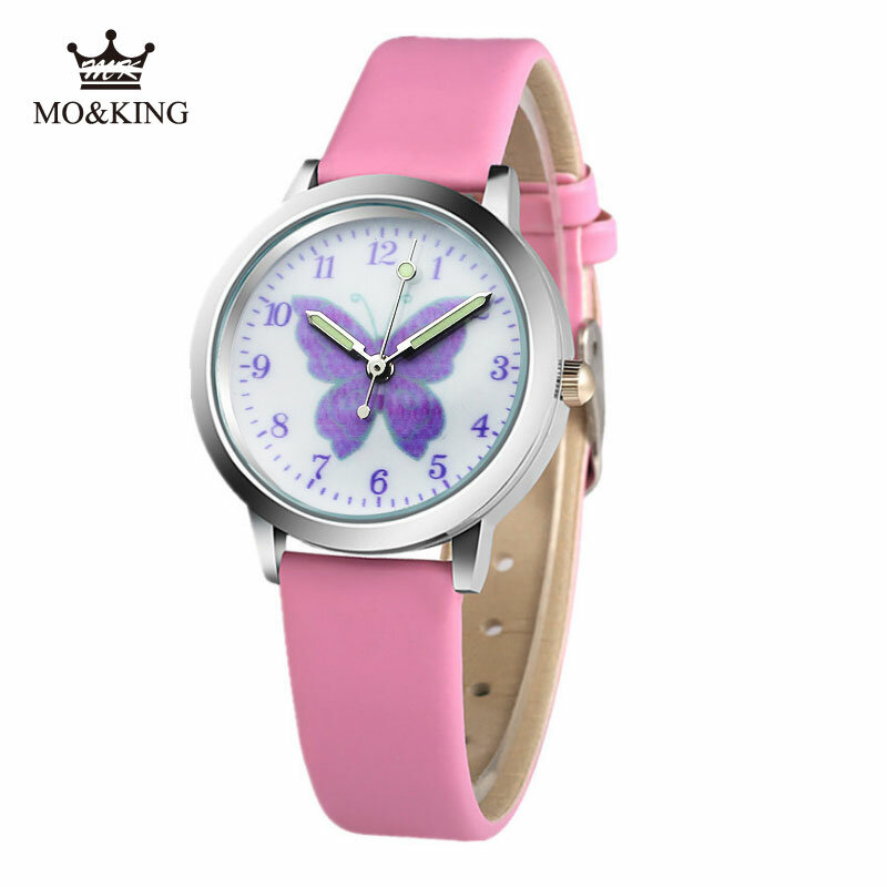 Лидер продаж, Детские кварцевые часы с мультяшным рисунком для мальчиков и девочек, с фиолетовыми бабочками и кожаным ремешком, часы, подарки, браслет, Reloj