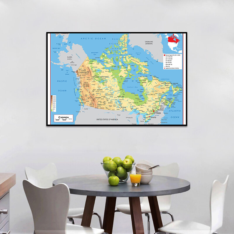 Mapa topográfico de Canadá en francés, póster de arte de pared, pintura en lienzo para suministros de oficina, decoración del hogar, suministros escolares, 60x90cm