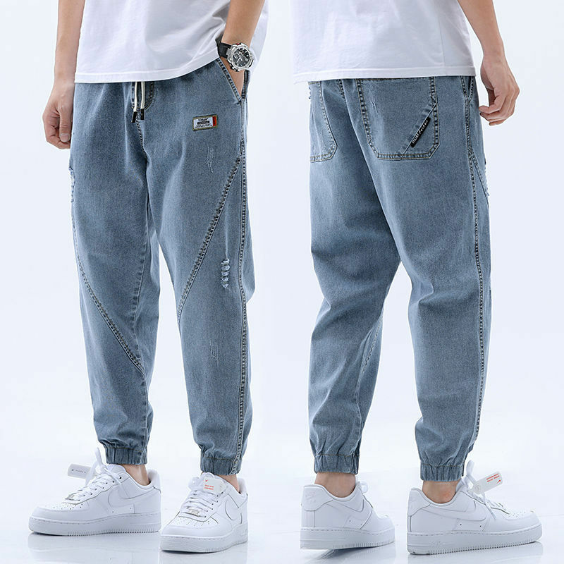Fall Summer Jeans Men's Loose Cropped Pants Ankle Banded Trousers Stretch Korean Fashion Patchwork Jeans Denim Jeans for Men