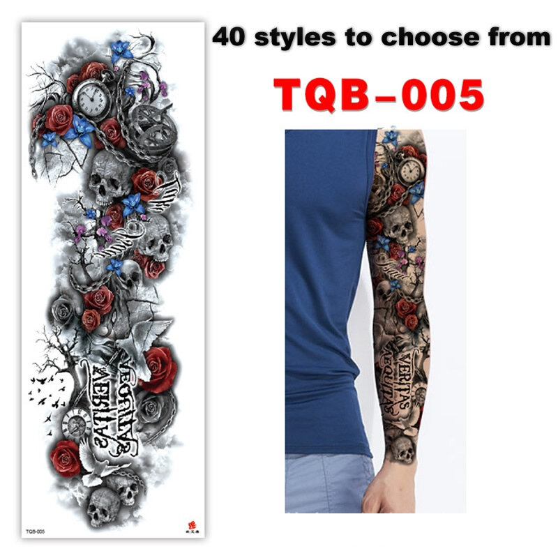 Crâne fleur grand bras manches imperméable temporaire tatouage autocollant homme femmes fausse couleur Totem tatouage autocollants corps jambe bras TQB05