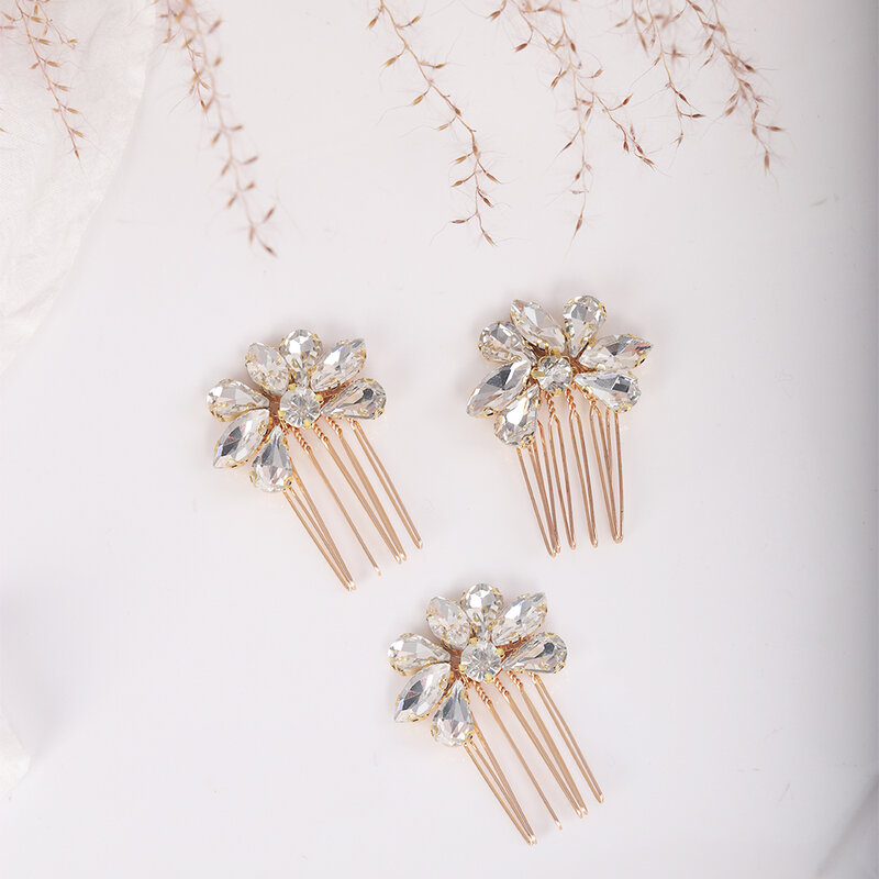 Bunga Berlian Imitasi Sisir Rambut Pengantin Hiasan Kepala Pengantin Aksesori Rambut Pernikahan Perhiasan Rambut Prom Pesta Mode Sederhana Tiara 3 Buah