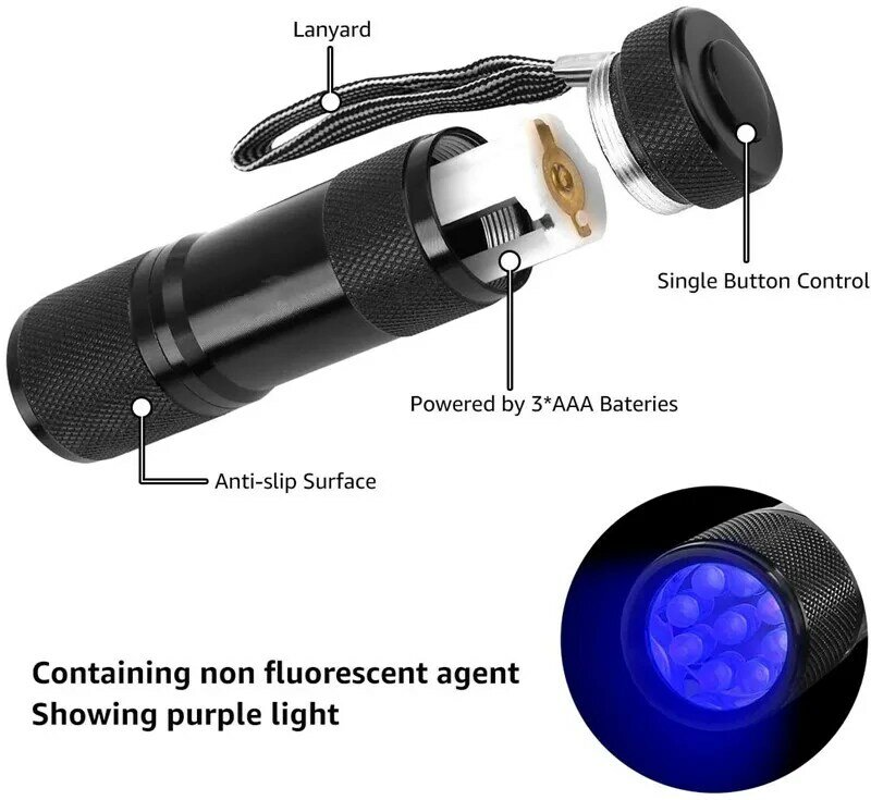 Linterna ultravioleta LED UV, luz de detección de marcador de tinta Invisible, 3AAA, 9 LED, 395nm