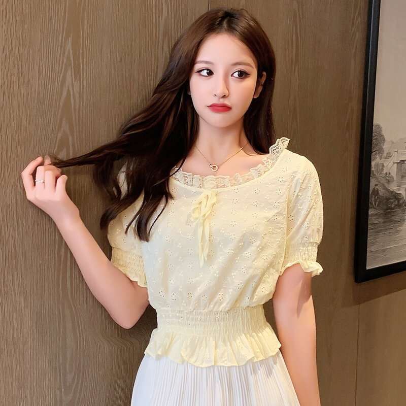 COIGARSAM Vintage Floral blouse women New Summer Short Sleeve Embroidery blusas womens tops and blouses White Light Yellow 1162