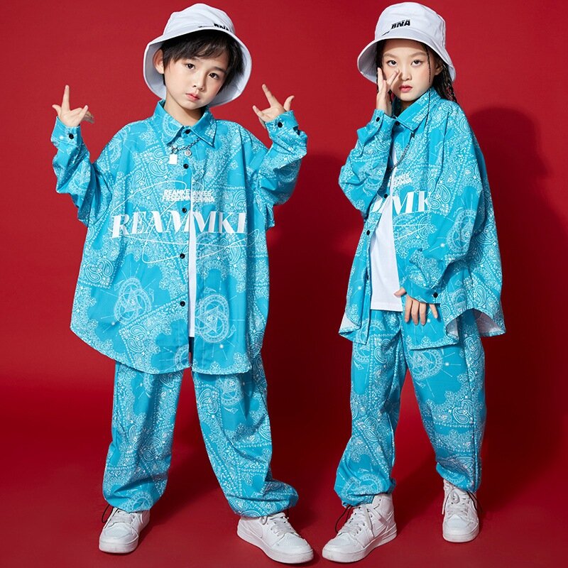 Dziecko Kpop strój odzież dla dziewcząt chłopców nadrukiem w geometryczne wzory ponadgabarytowych druku koszula najlepszy Streetwear luźne spodnie taniec Hip Hop kostiumy