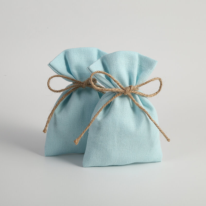 Cubo de arpillera de algodón azul para joyería, bolsa pequeña para fiesta de boda, organizador de dulces, embalaje de joyería personalizado, bolsa de regalo, 50 piezas
