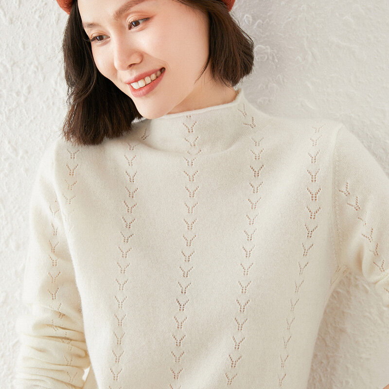 Suéter de lana para mujer, suéter de cuello alto Medio, rizado, hueco, de manga larga, otoño e invierno, nuevo estilo 100%