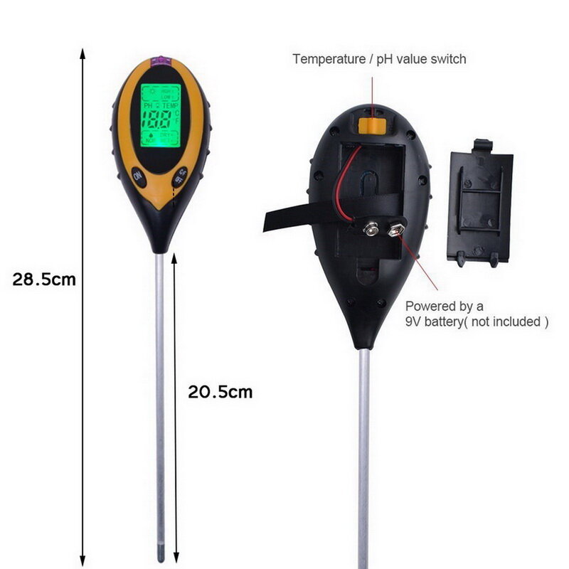 Medidor de Ph del suelo 4 en 1, medidor de humedad del PH, medidor de humedad, temperatura, medición de intensidad solar, análisis de acidez alcalina
