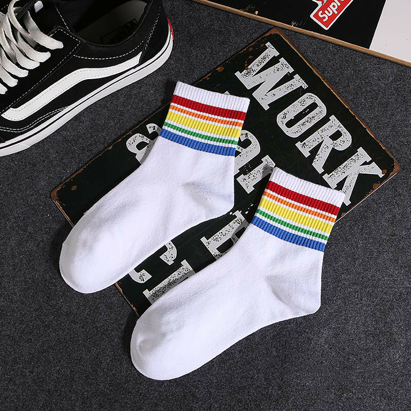 Rainbow socks pure cotton middle tube socks men's deodorant sweat absorbing sports skateboard socks