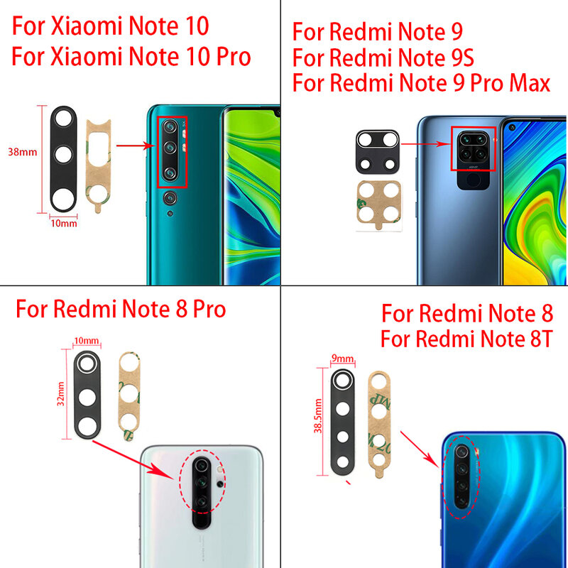 2 sztuki, tylny szklany obiektyw aparatu do Xiaomi Redmi Note 8 Pro 7 9 9S 10 11 11s Pro 10s 8T 9A 9C Mi Note 10 10T Pro z klejem